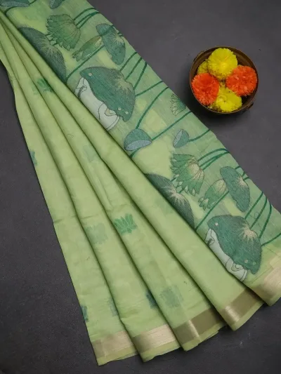 Pista Green and Green Pichwai Pallu Jamdhani Cotton Saree